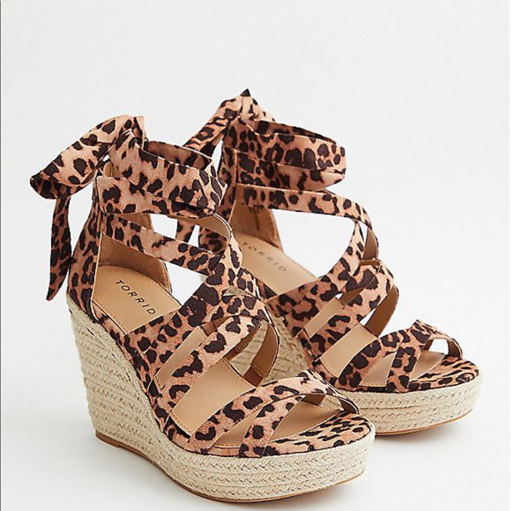 LEOPARD FAUX SUEDE ANKLE WRAP ESPADRILLE WEDGE